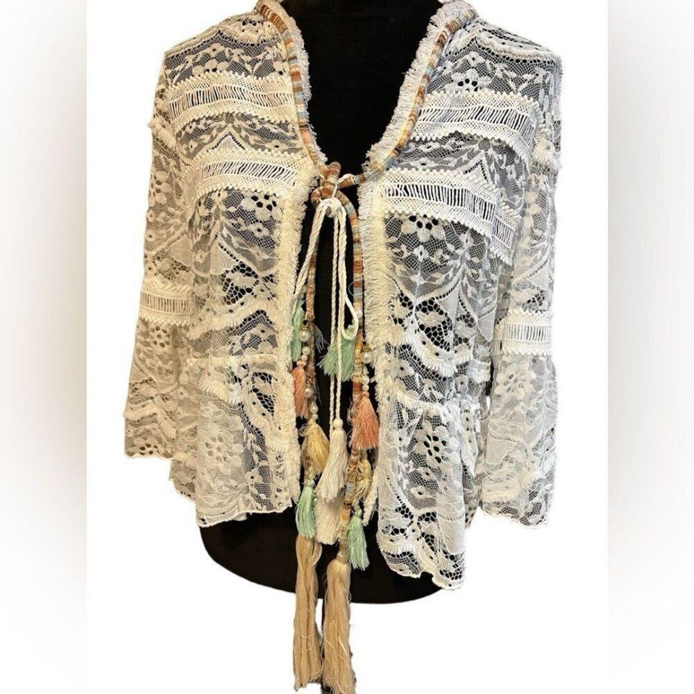 Italian White Lace Sheet Tasseled Front Open Cardigan Jacket sz M Eclectic Boho
